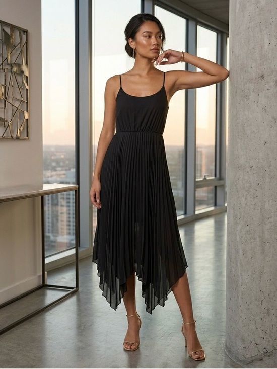 All Saints Dresses & Skirts - All Saints Lerin Women Black Asymmetric Midi Maxi Dress Size M Pleated Metallic